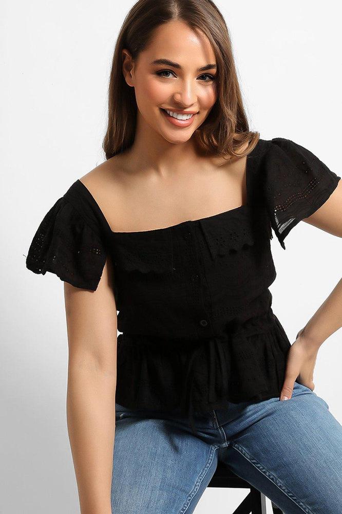 Black Crochet Details Drawstring Waist Top-SinglePrice