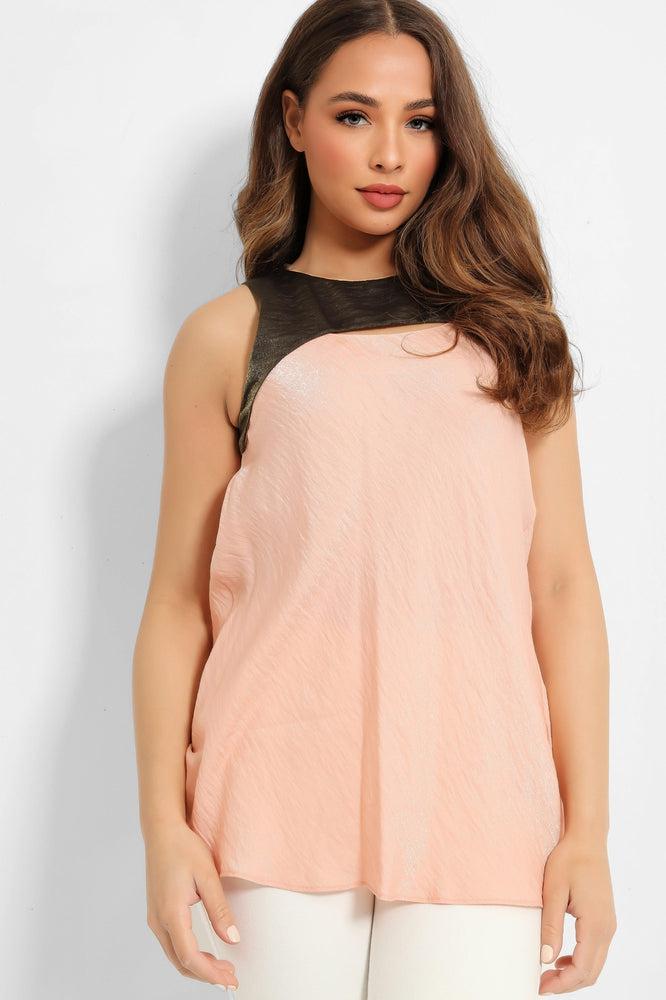 Pink Khaki Crushed Satin Sleeveless Top-SinglePrice