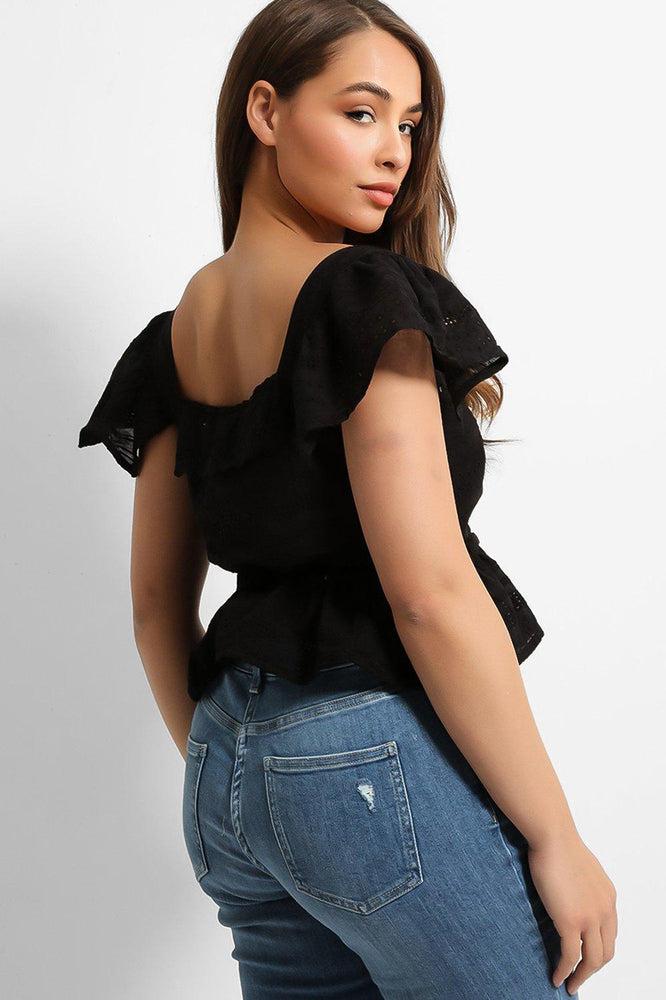 Black Crochet Details Drawstring Waist Top-SinglePrice