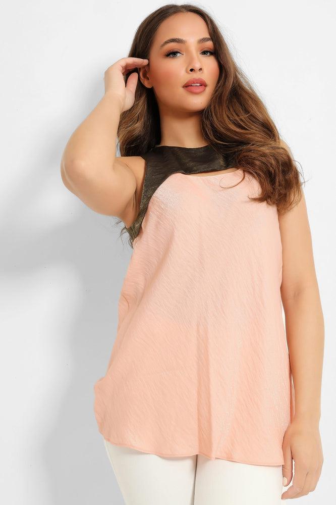 Pink Khaki Crushed Satin Sleeveless Top-SinglePrice