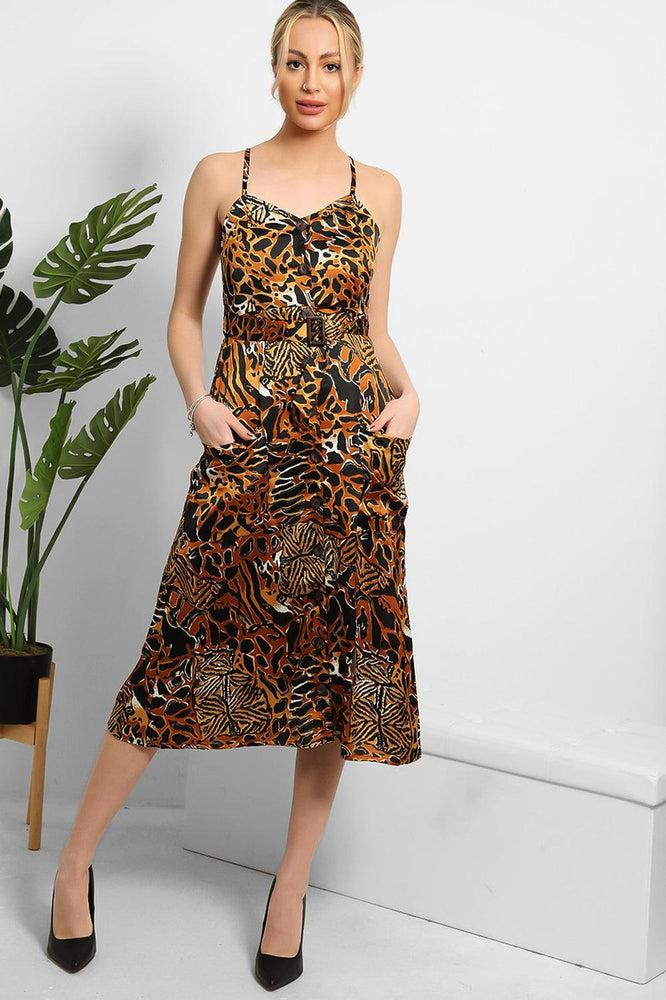 Black Brown Mixed Animal Print Satin Cami Dress-SinglePrice