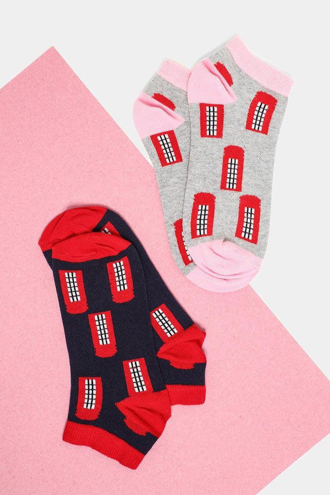 Pink Grey Red Navy Phone Booths Ladies Pack Of 2 Socks-SinglePrice