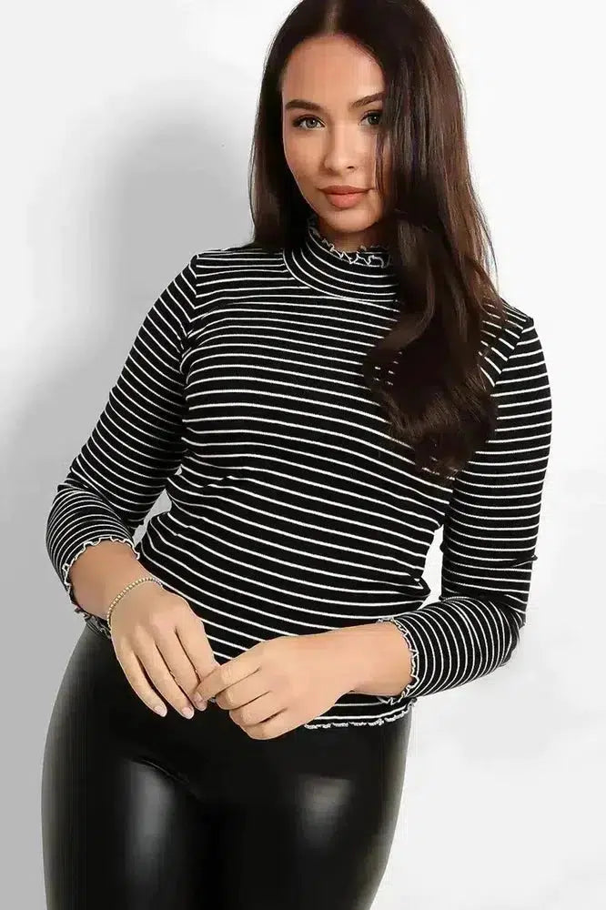 Frilled Edges Stripy Pollo Neck Top-SinglePrice