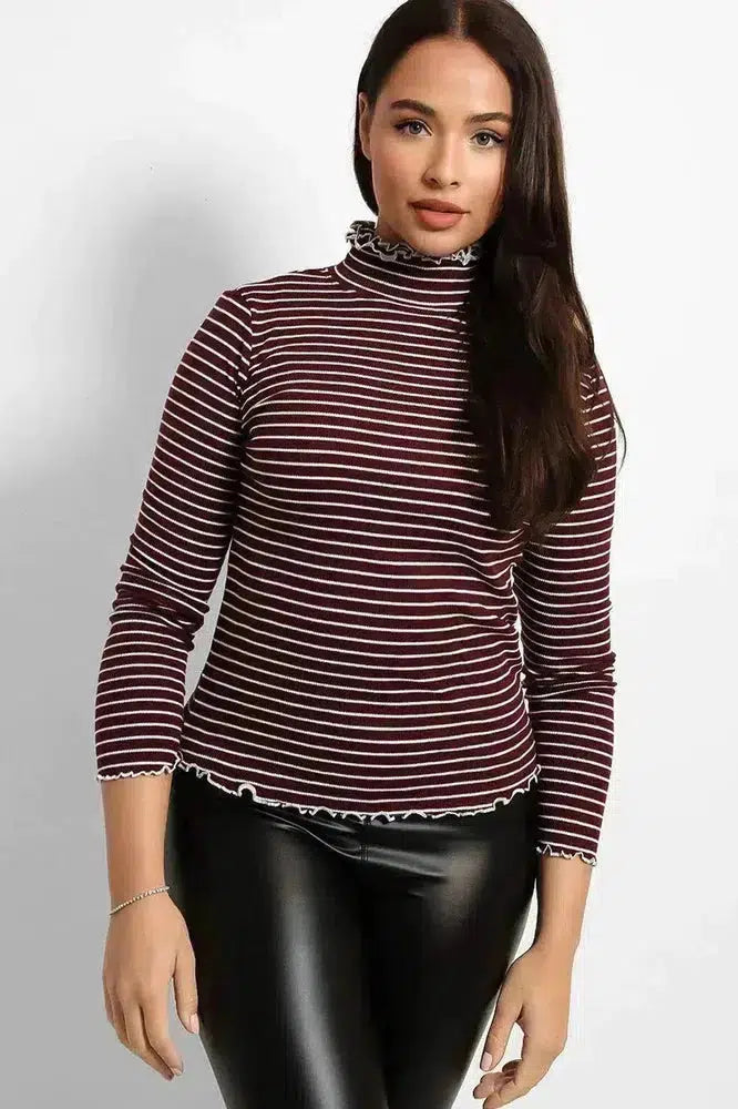 Frilled Edges Stripy Pollo Neck Top-SinglePrice