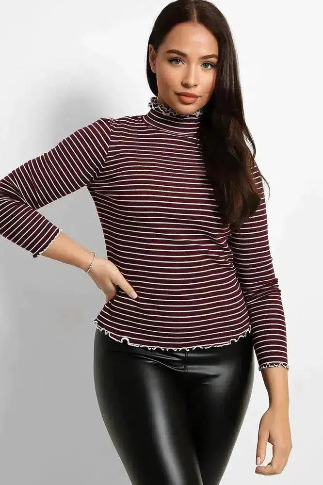 Frilled Edges Stripy Pollo Neck Top-SinglePrice