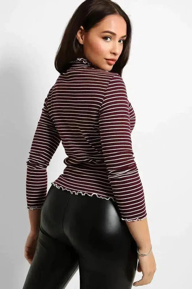 Frilled Edges Stripy Pollo Neck Top-SinglePrice