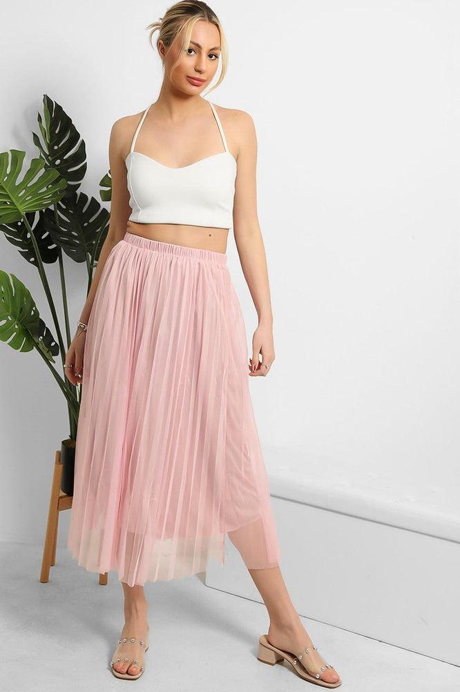 Pleated Tulle Net Midi Skirt-SinglePrice
