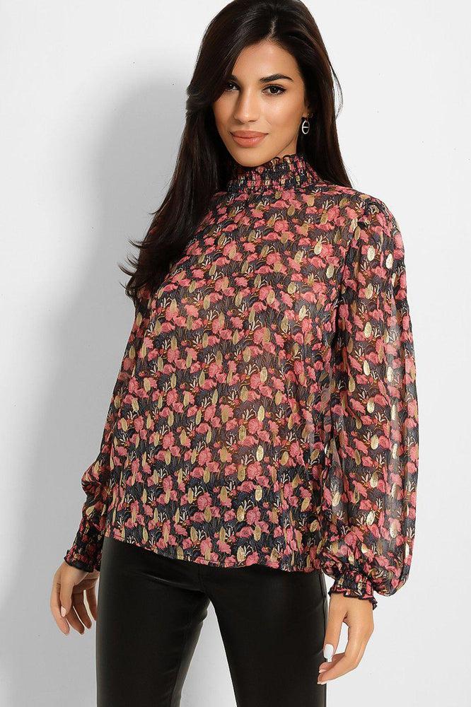 Gold Foil Pink Floral Print High Shirred Neck Blouse-SinglePrice