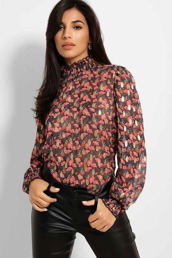 Gold Foil Pink Floral Print High Shirred Neck Blouse-SinglePrice