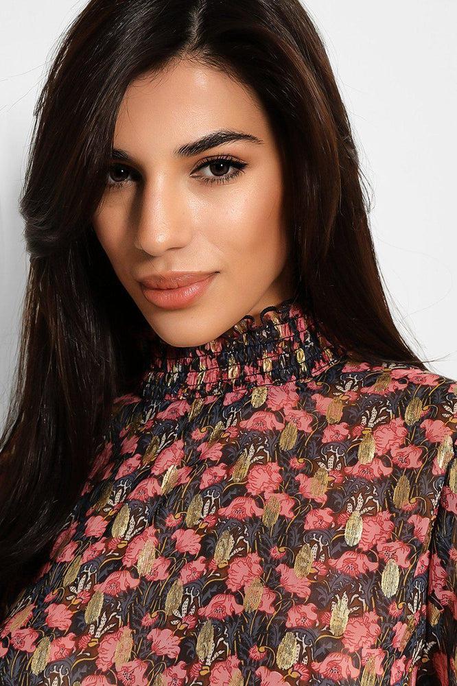 Gold Foil Pink Floral Print High Shirred Neck Blouse-SinglePrice