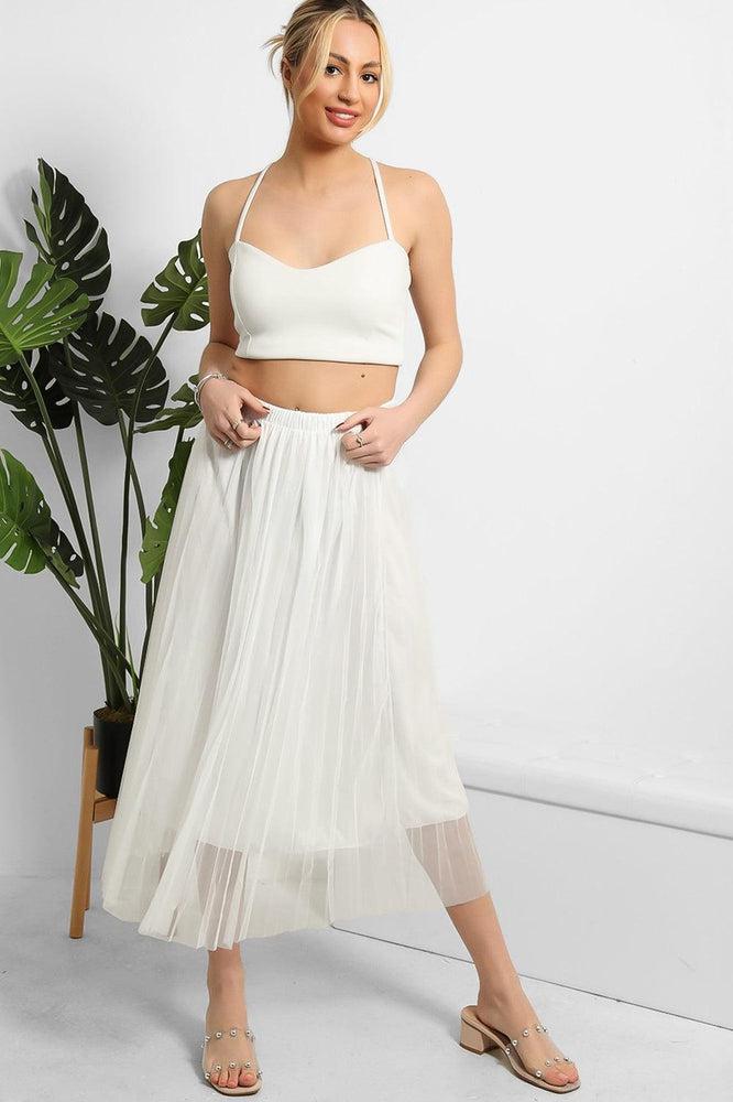 Pleated Tulle Net Midi Skirt-SinglePrice