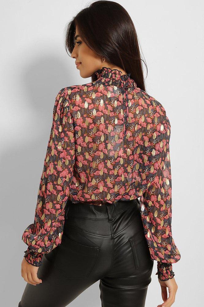Gold Foil Pink Floral Print High Shirred Neck Blouse-SinglePrice