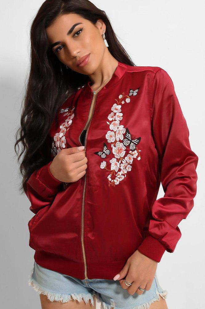 Wine Floral And Butterfly Embroidery Bomber Jacket-SinglePrice