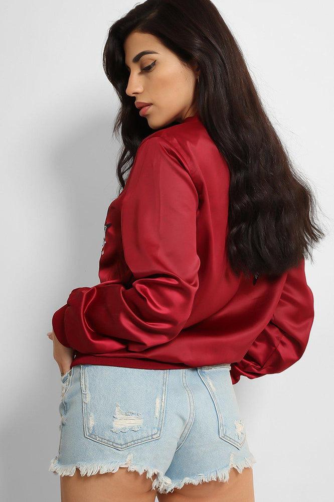 Wine Floral And Butterfly Embroidery Bomber Jacket-SinglePrice