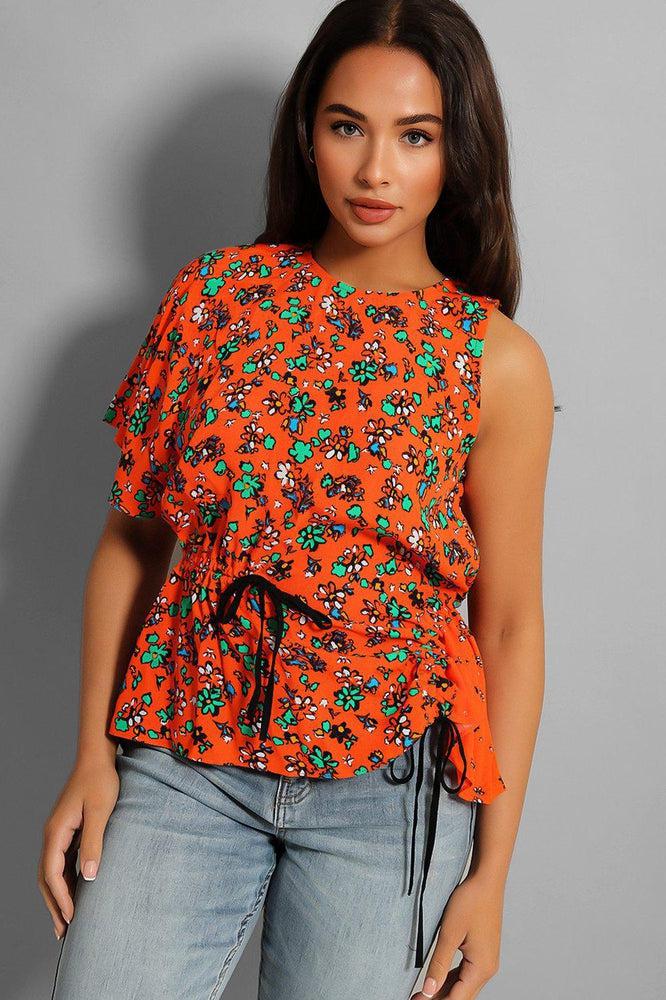 Orange Floral Asymmetric Drawstring Blouse-SinglePrice