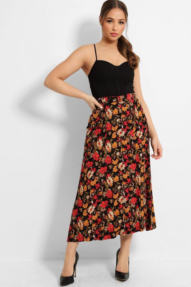 Back Small Floral Print Buttoned Front Summer Midi Skirt-SinglePrice
