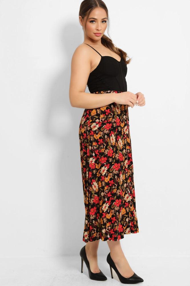 Back Small Floral Print Buttoned Front Summer Midi Skirt-SinglePrice