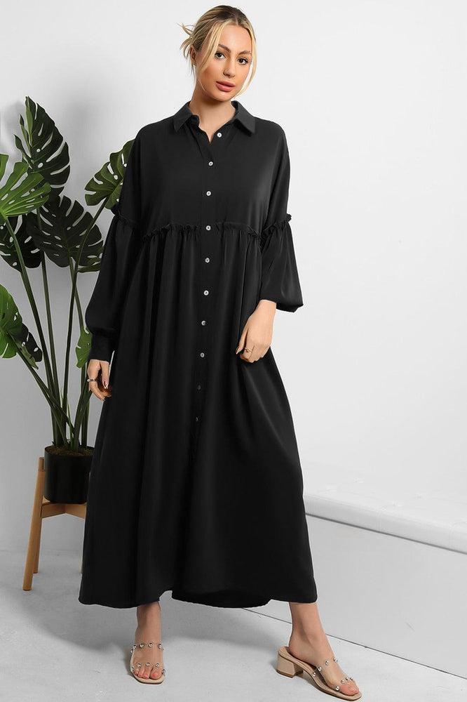 Frilled Details Modest Shirt Dress-SinglePrice