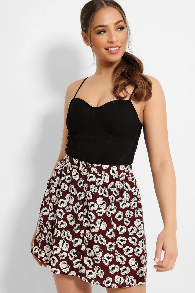 Burgundy Poppy Floral Print Pocketed Skirt-SinglePrice