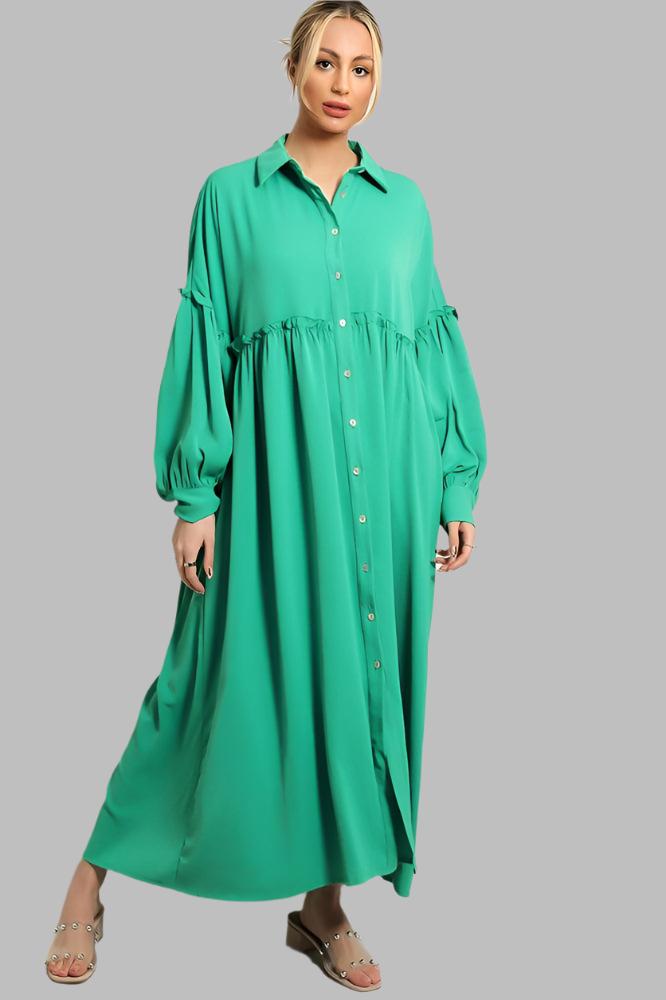 Frilled Details Modest Shirt Dress-SinglePrice