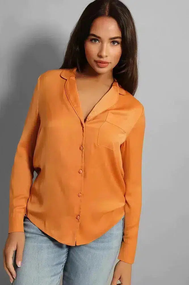 Burnt Orange Crepe Satin Pyjama Style Shirt-SinglePrice