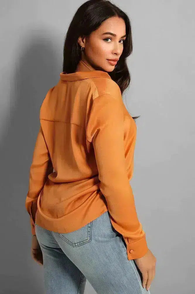 Burnt Orange Crepe Satin Pyjama Style Shirt-SinglePrice