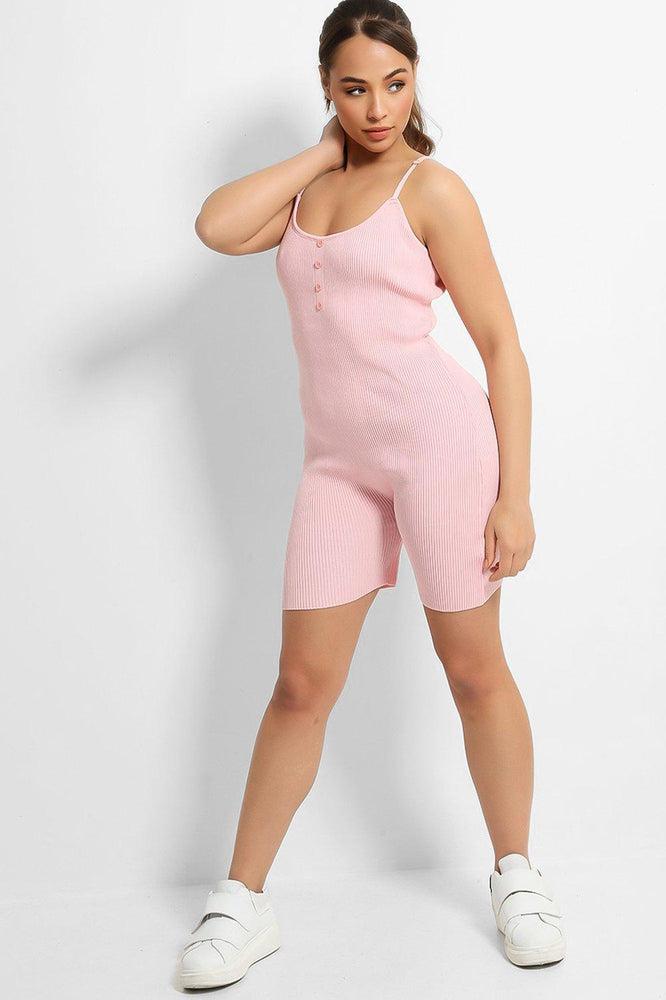 Pink Soft Rib Knit Button Details Cami Romper-SinglePrice