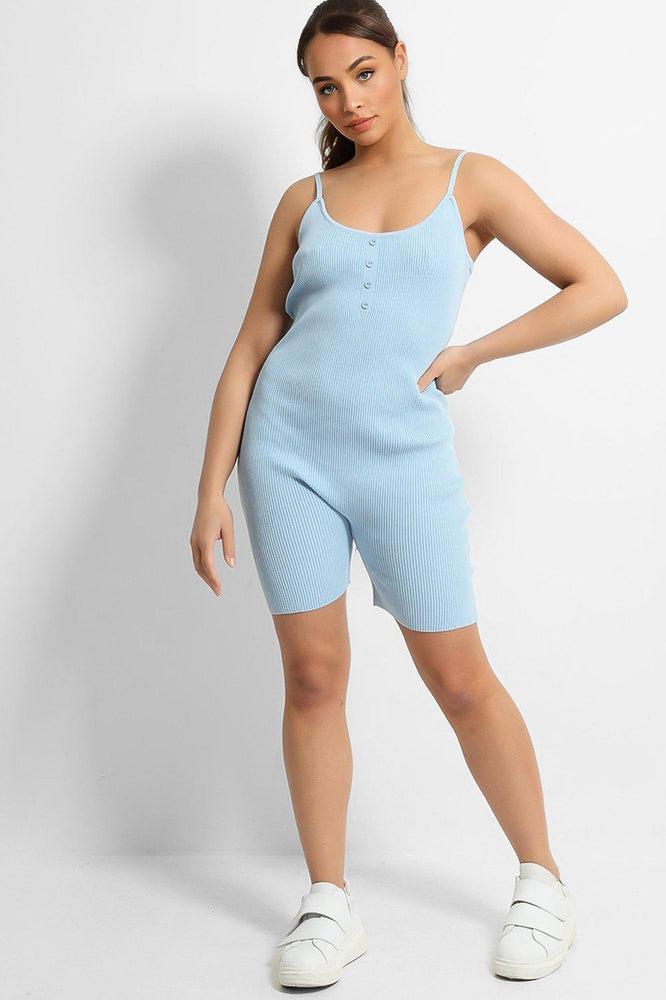 Blue Soft Rib Knit Button Details Cami Romper-SinglePrice