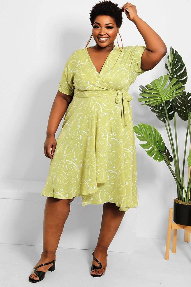 Abstract Floral Print Midi Wrap Dress-SinglePrice