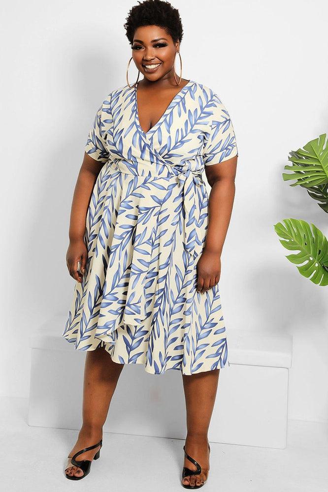 Cream Blue Leaves Print Midi Wrap Dress-SinglePrice