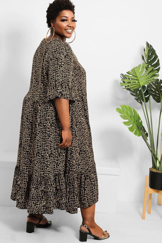 Black Camel Abstract Print Midi Shirt Dress-SinglePrice