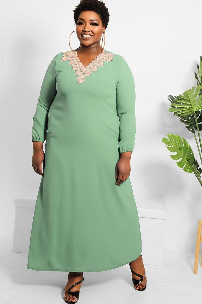 Crochet Lace Neckline Modest Dress-SinglePrice
