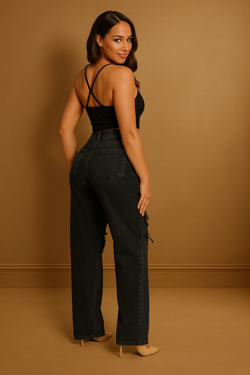 Charcoal Black Ripped Front Asymmetric Zip Wide Leg Jeans