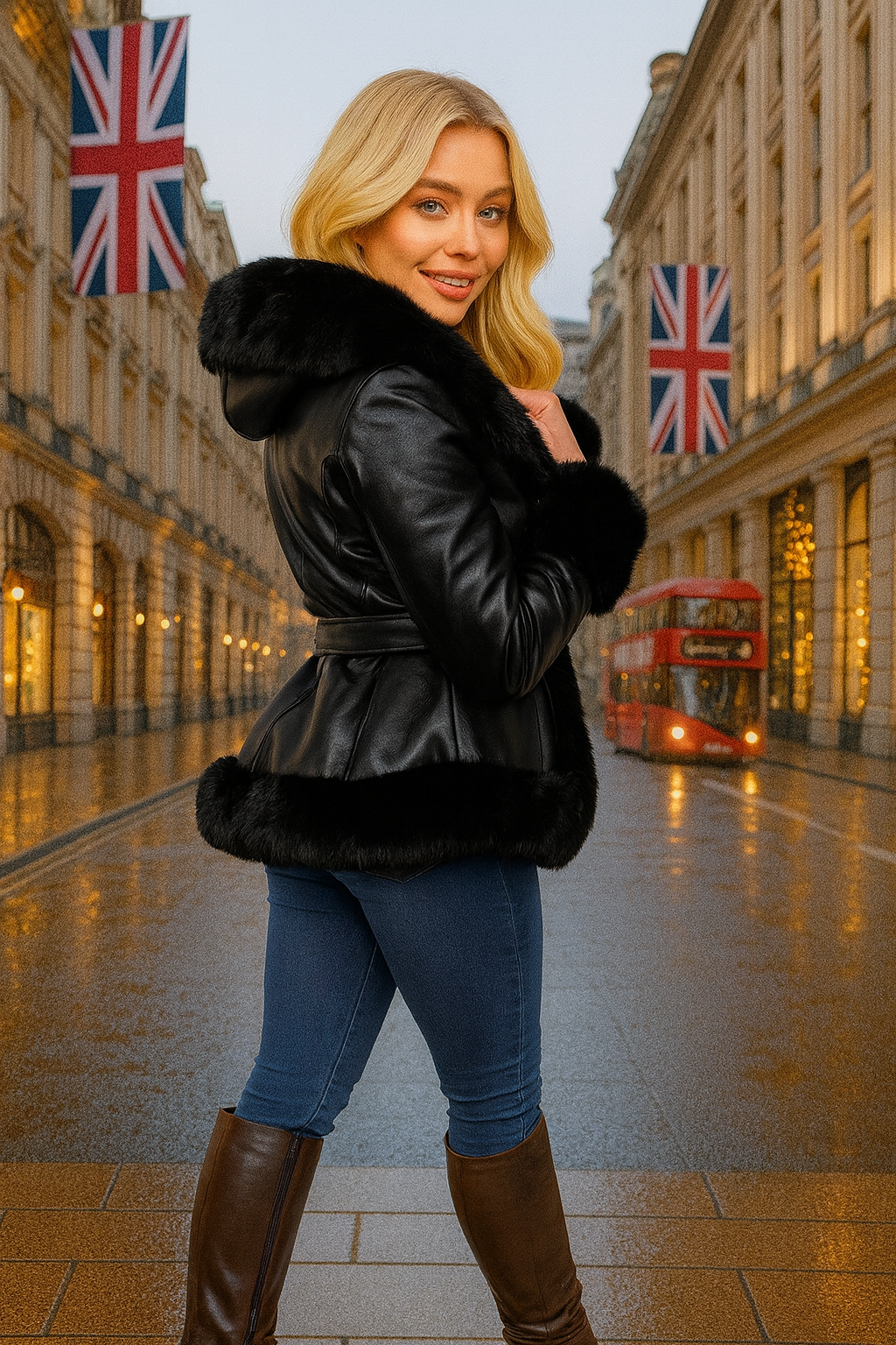 Faux Fur Trim And Lining Leather Look Tie Belt Elegant Hooded Peplum Winter Jacket