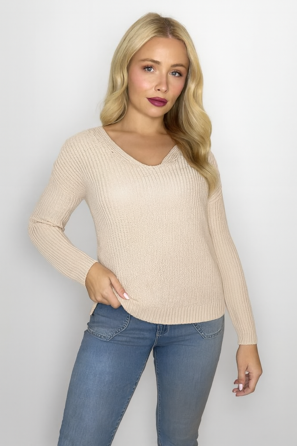 Cotton Blend Chunky Knit V-Cut Sweatshirt