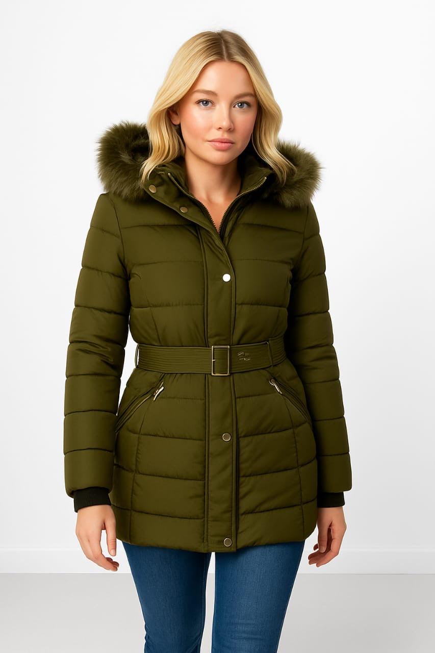 Gold Hardware Belted And Hooded Winter Jacket