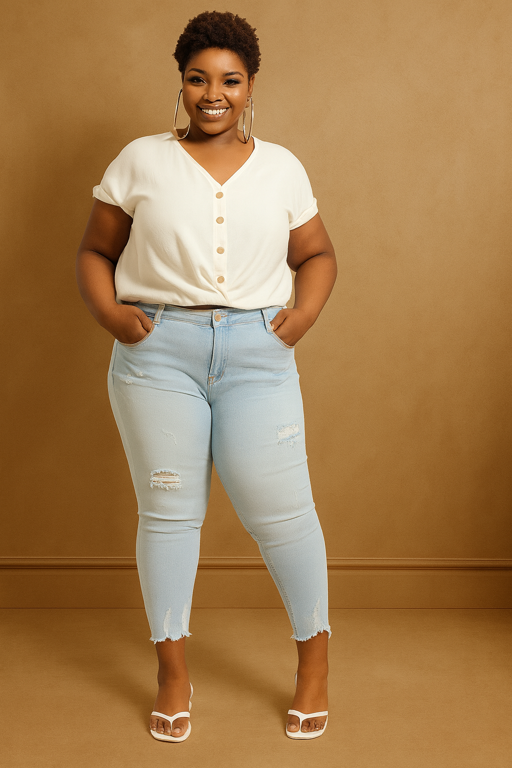 Sky Blue Distressed Finish Raw Hem Skinny Jeans