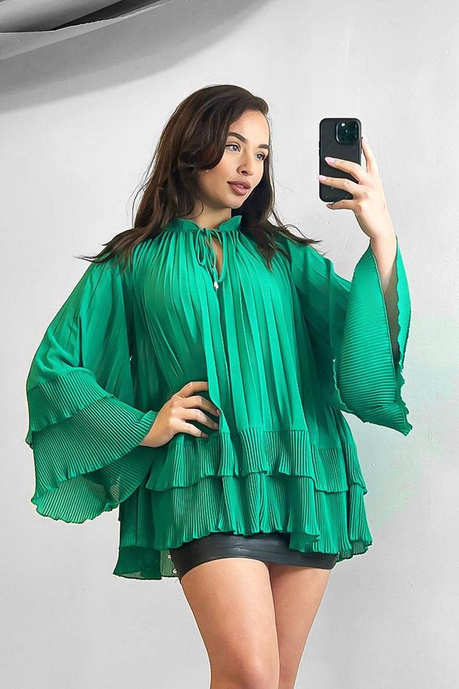 Neck Tie Pleated Chiffon Blouse-SinglePrice