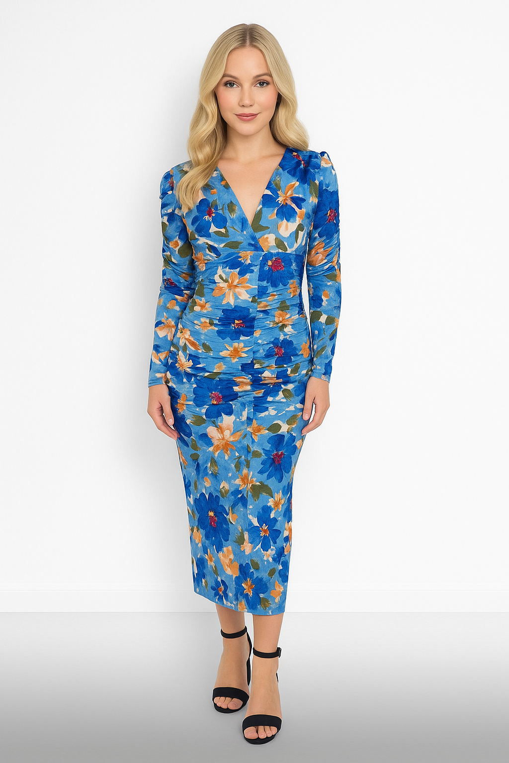 Puff Long Sleeve Floral Pattern Ruched Slit Slinky Long Dress