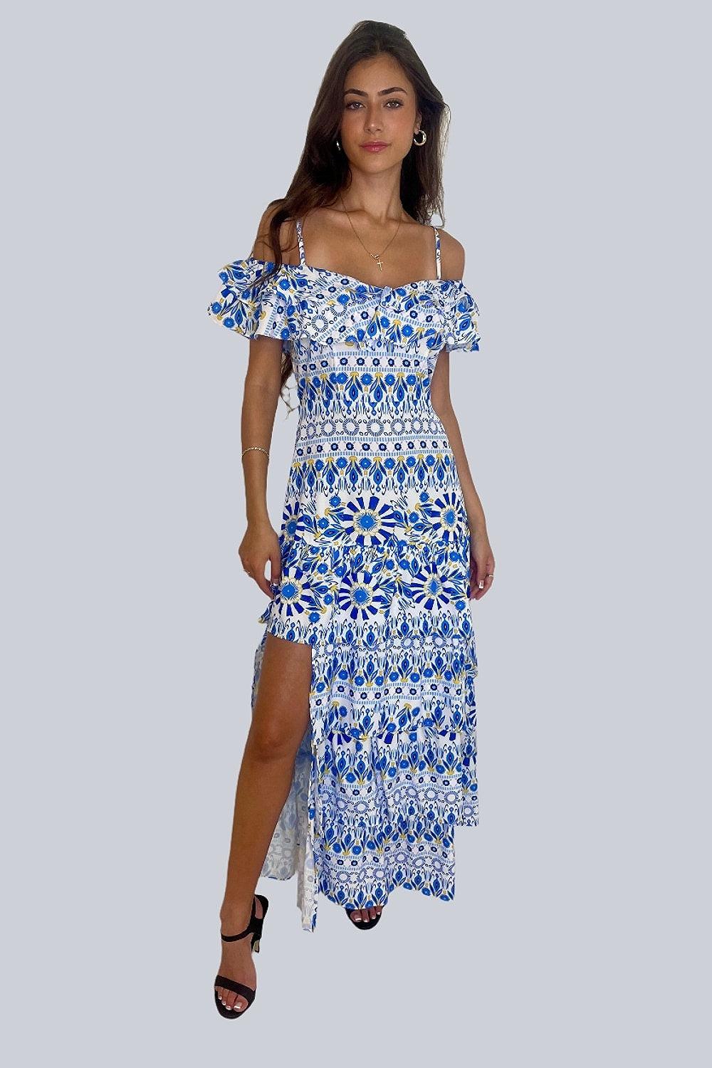 Side Slit Frill Off Shoulder Vibrant Print Spanish Maxi Dress-SinglePrice