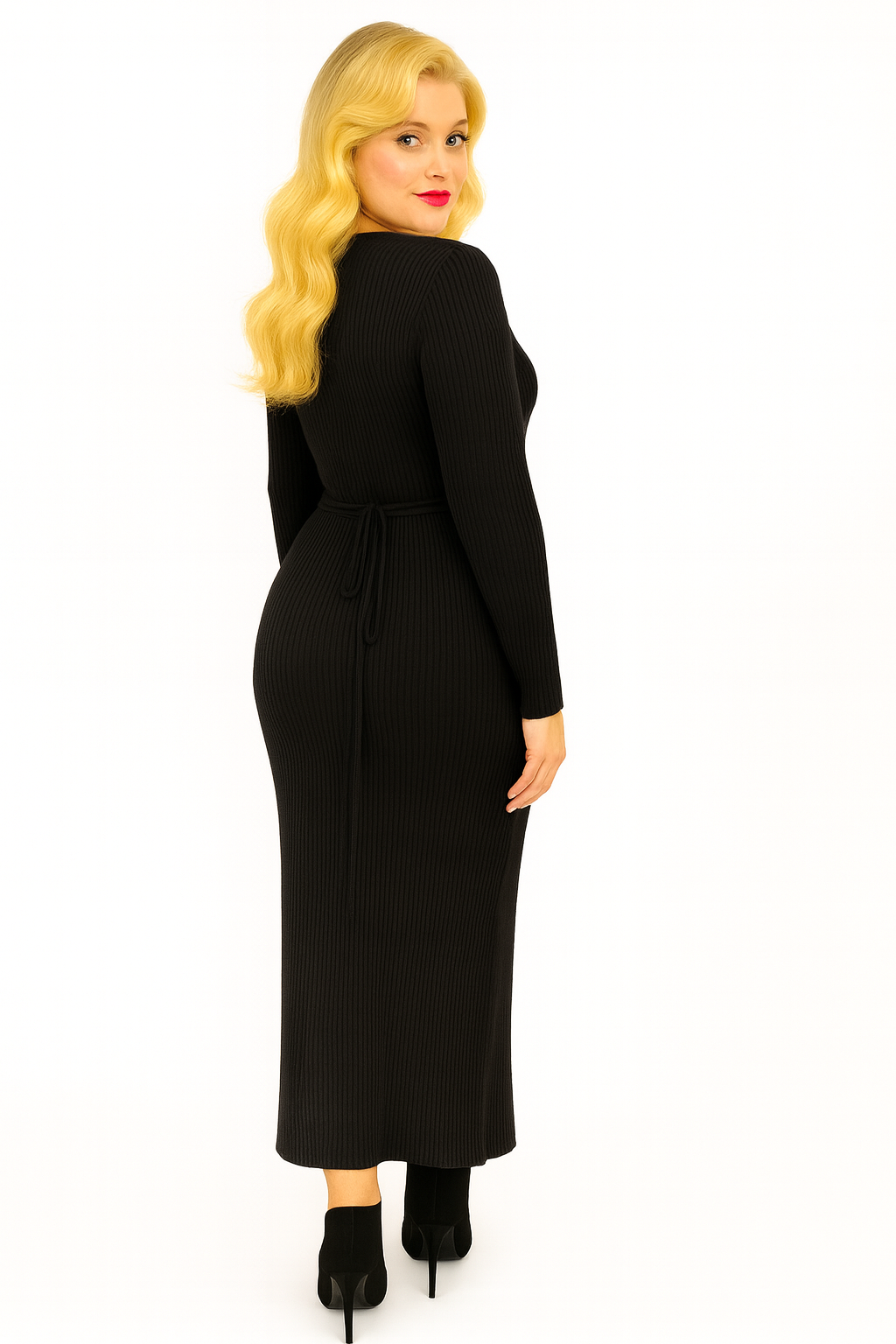 Ribbed Viscose Blend Tie Wrap Up Extra Long Knitted Dress