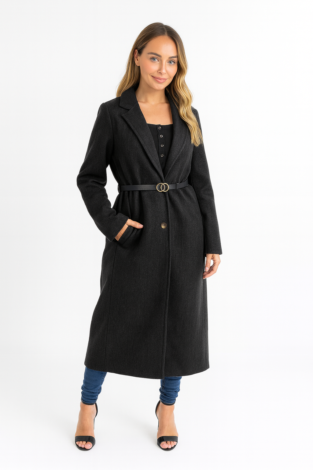 Loose Fit Circle Belt Soft Long Button Down A-Line Lapel Coat