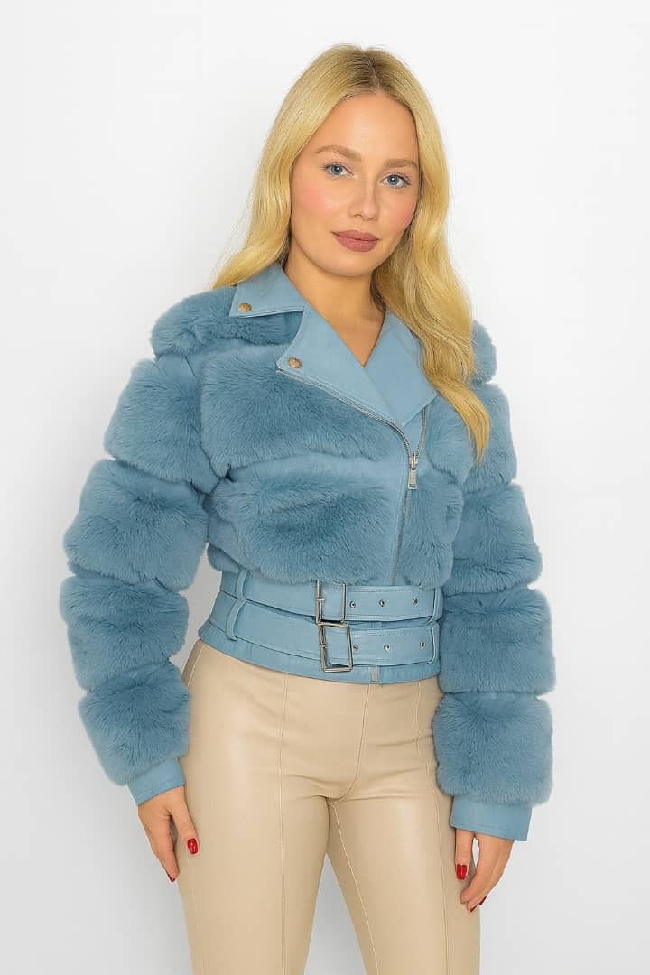 Faux Fur And Vegan Leather Double Belt Biker Jacket