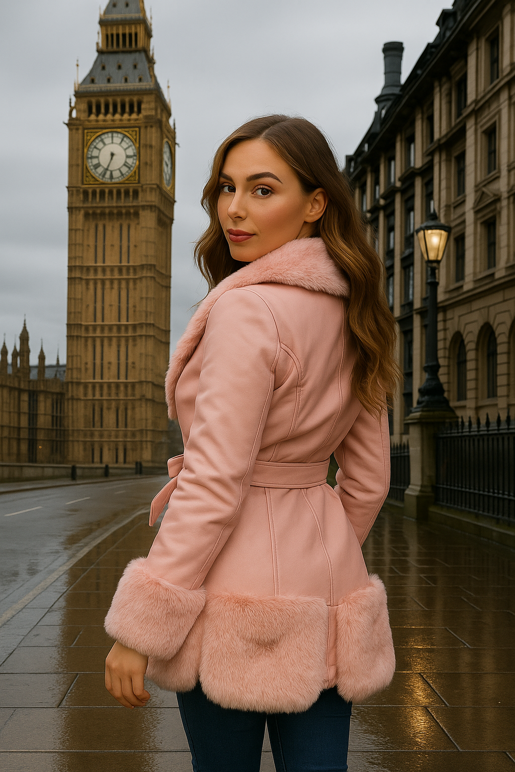 Faux Fur And Vegan Leather Waist Tie Deep Plunge Jacket