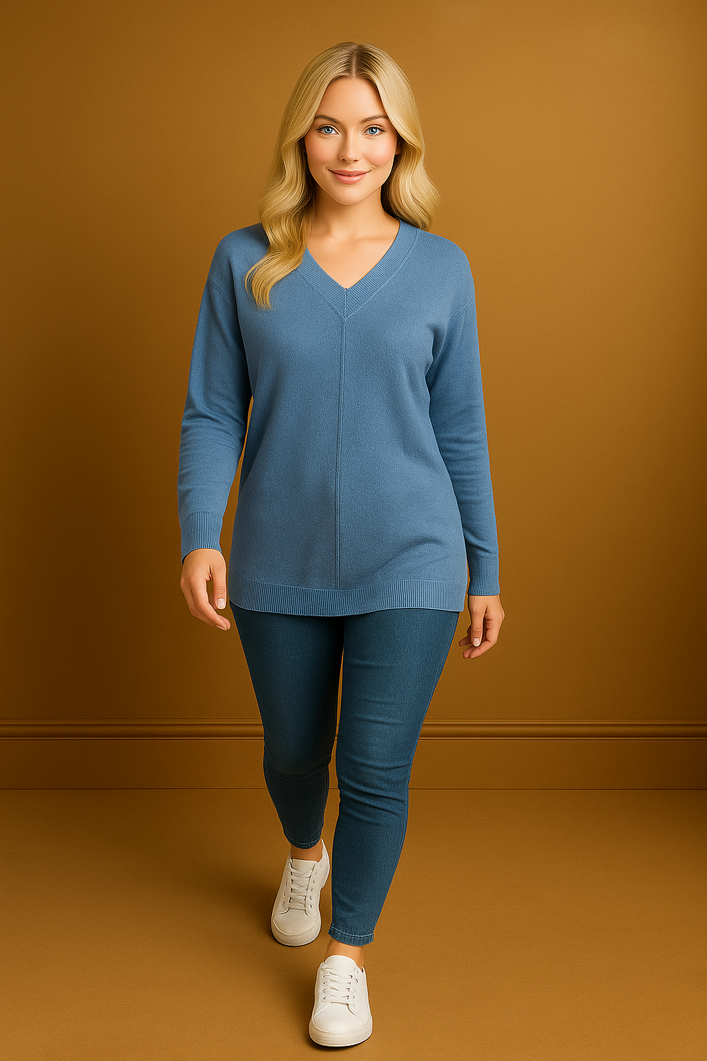 Front Seam V-Neck Soft Knit Pullover