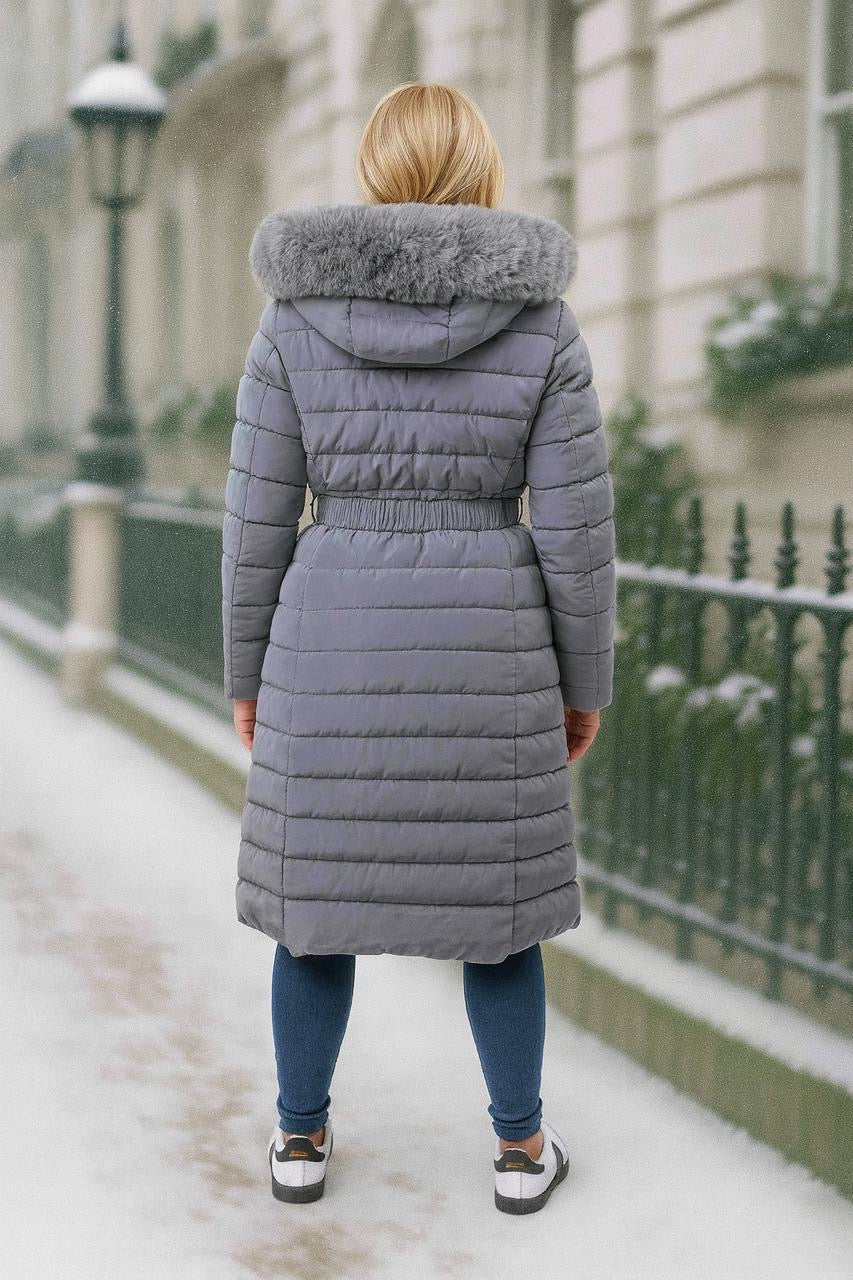 Faux Fur Trimmed Hood Quilted And Belted Shimmer Long Padded Coat