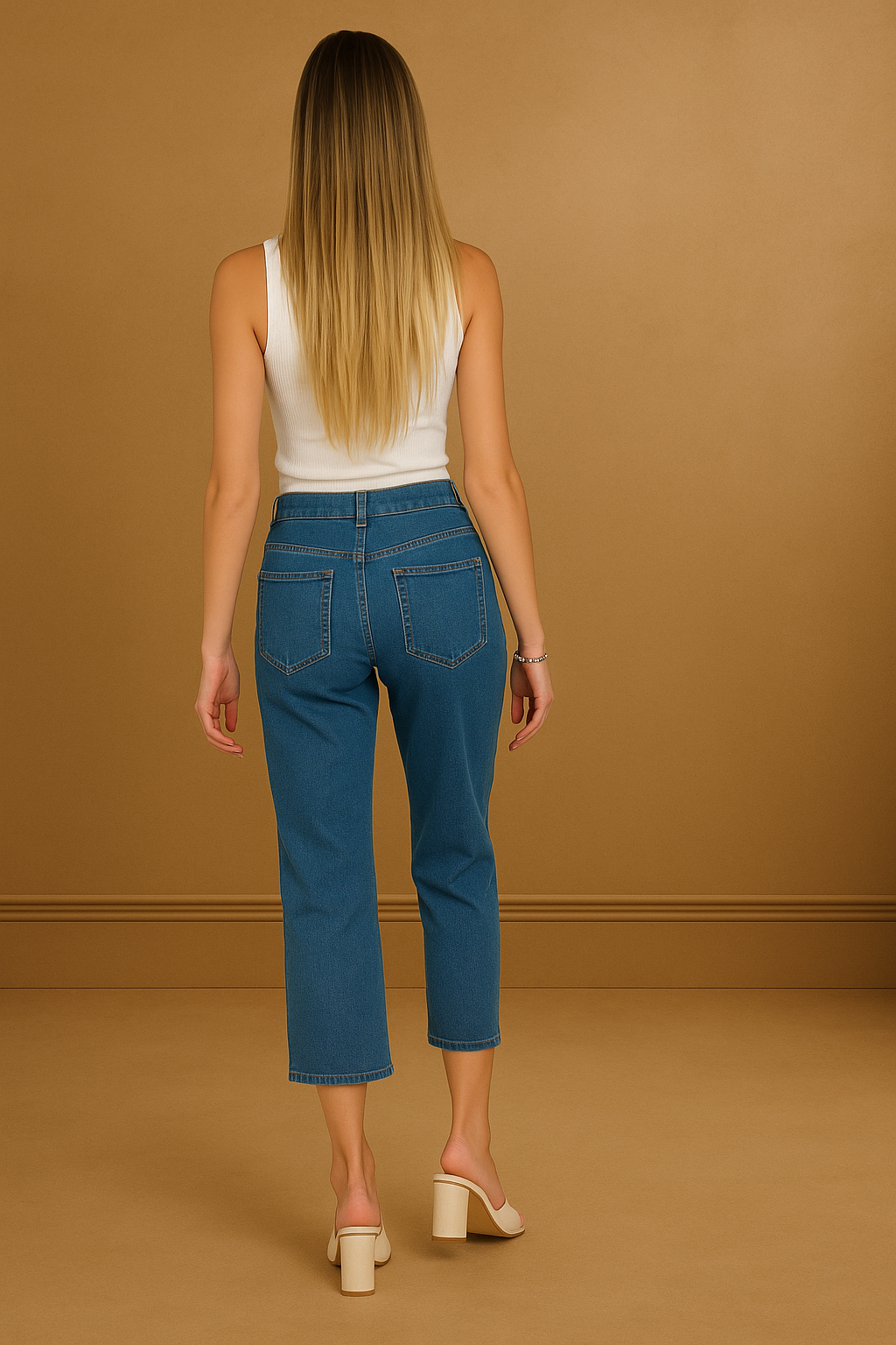 Contrast Stitch Large Pockets Cropped Jeans