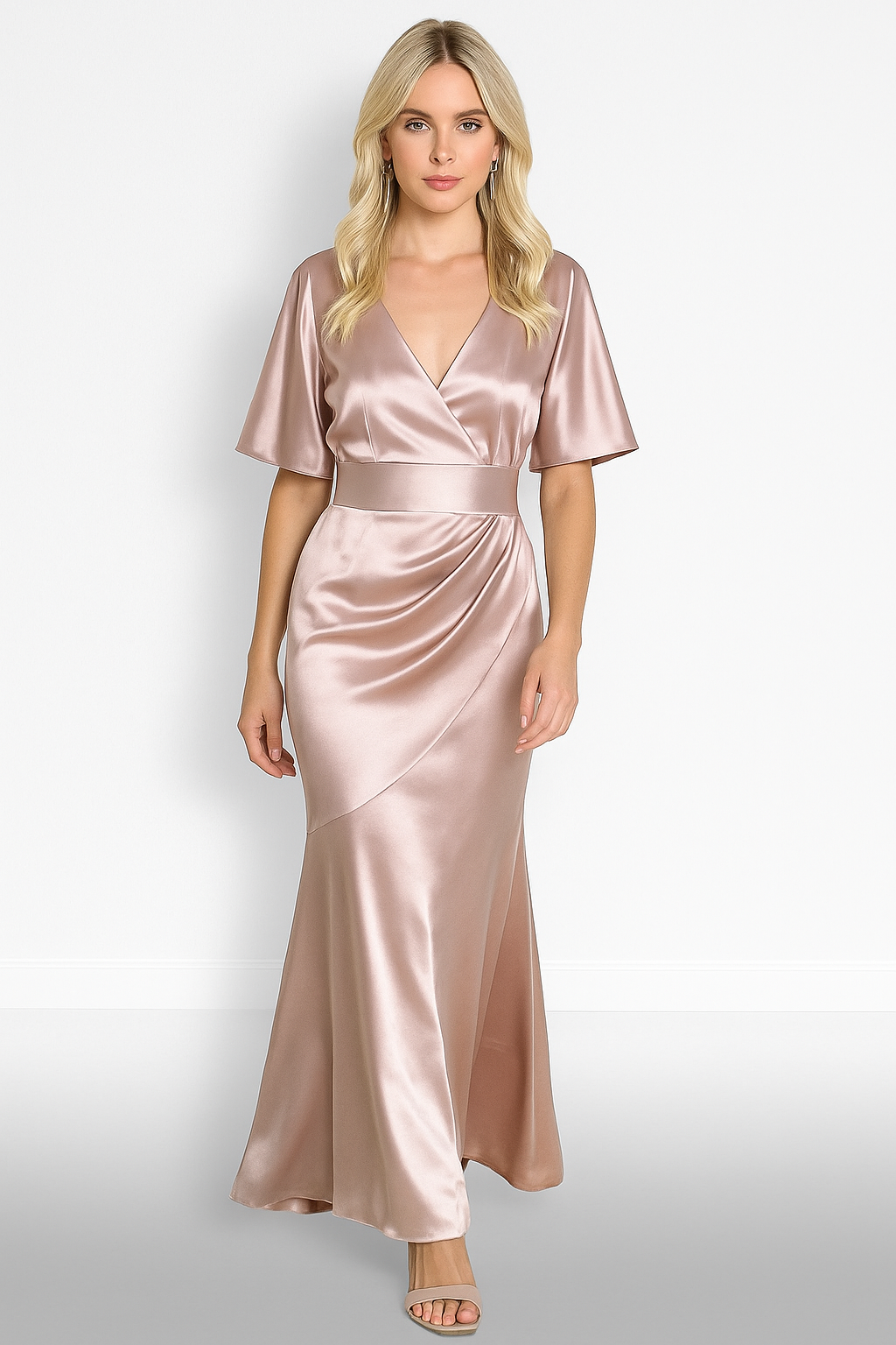 Winged Sleeves Satin Tall Evening Dress