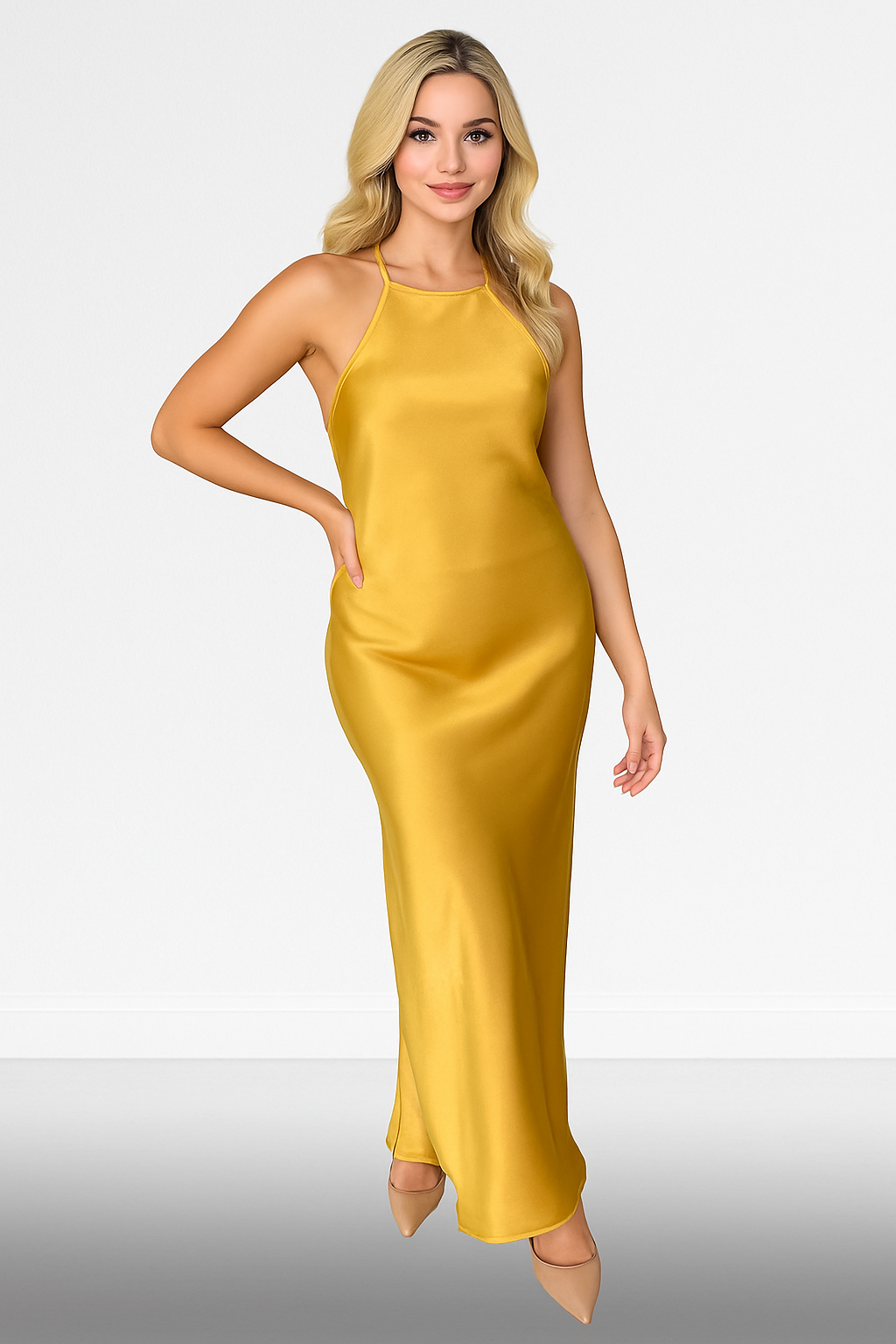 Mustard Strappy Open Back Maxi Evening Dress
