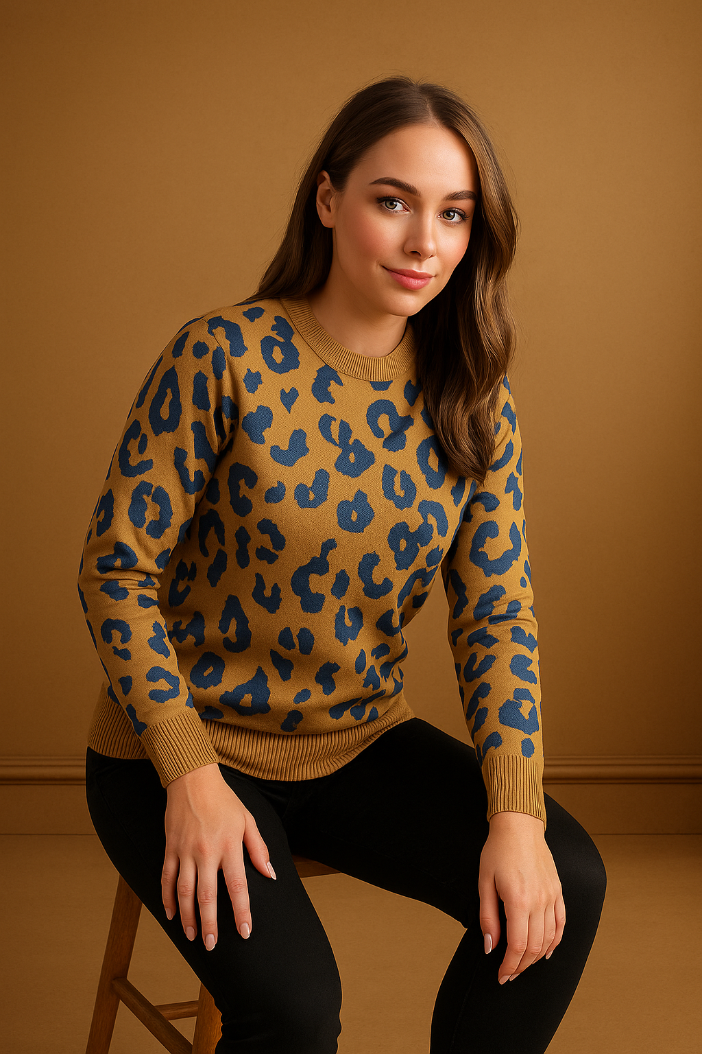 Contrast Leopard Pattern Knitted Pullover